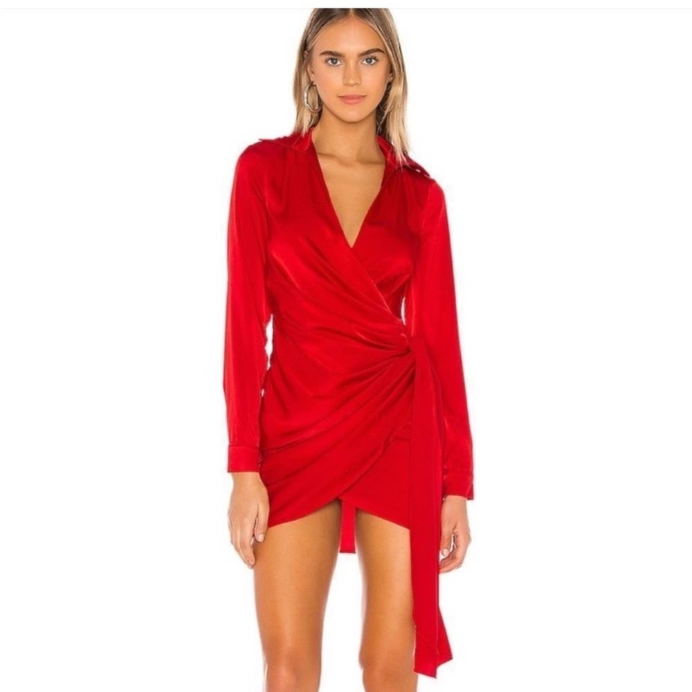 superdown Red Long-Sleeve Wrap Mini Dress